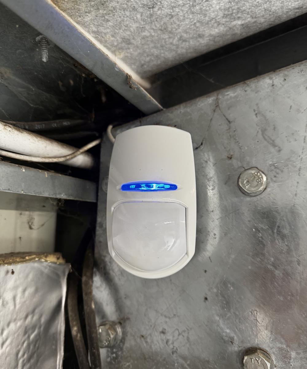 Dual-technology detector mounted under a metal roof