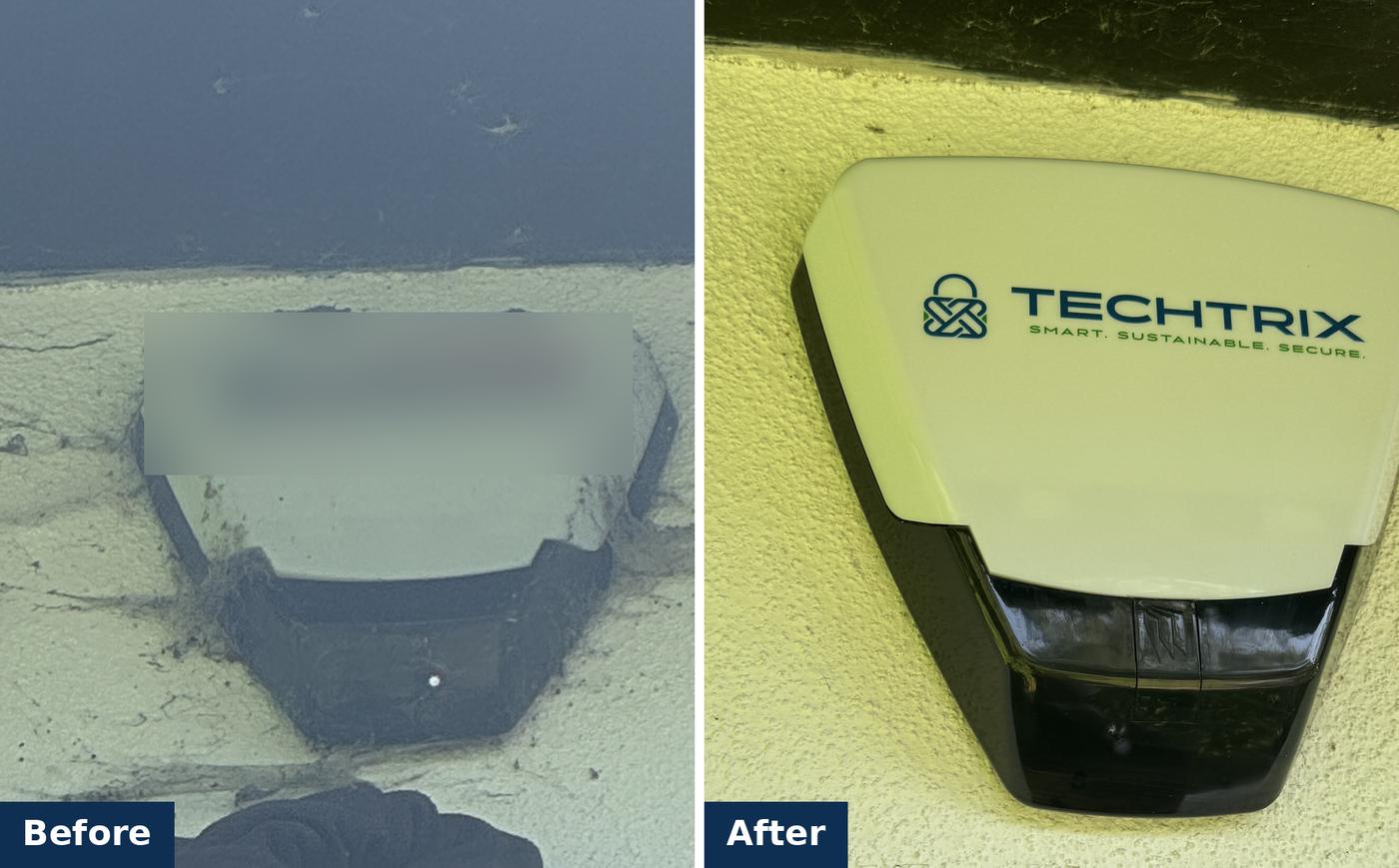 Old alarm sounder before a takeover and the new Techtrix sounder after