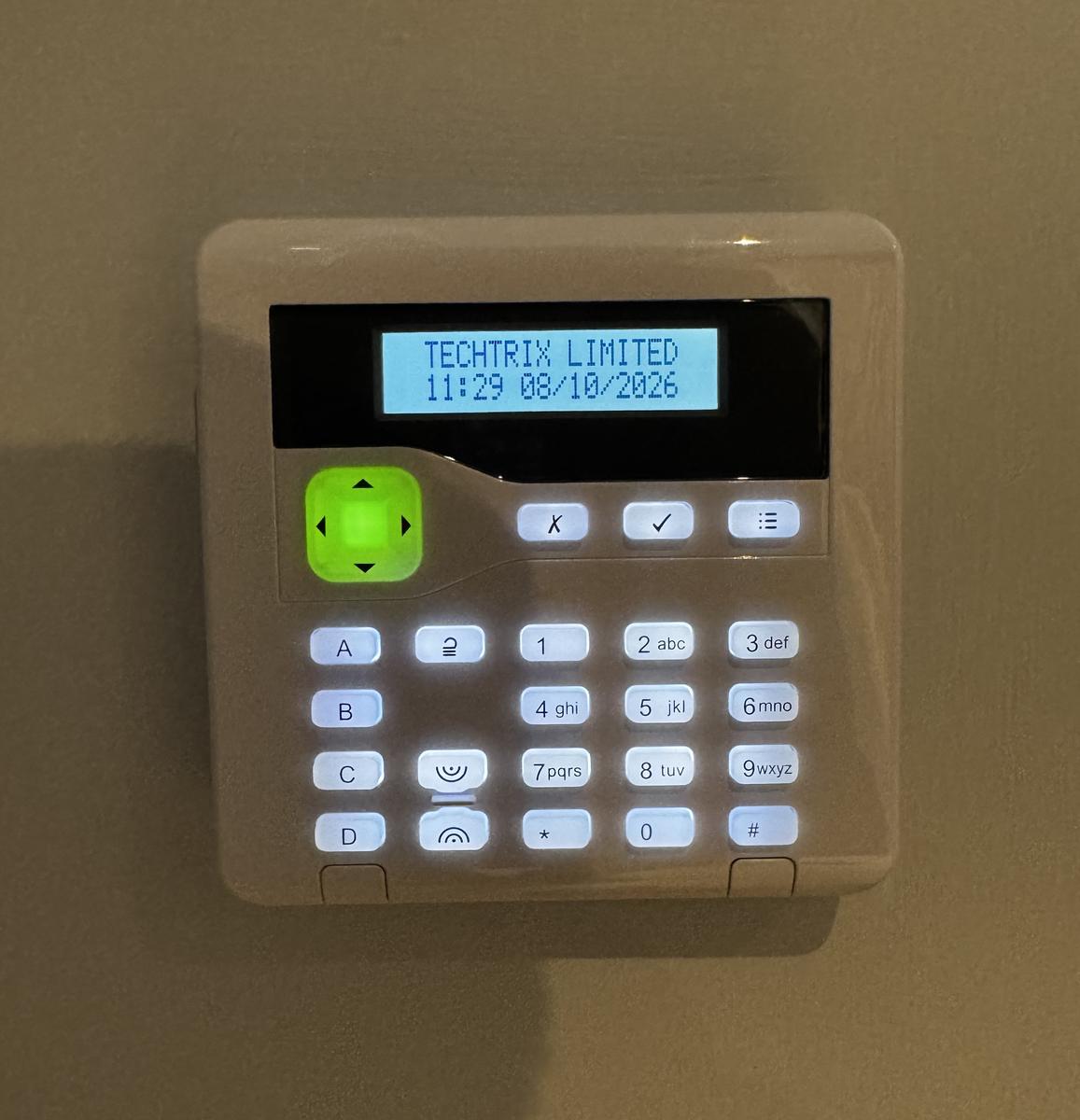 New alarm keypad showing Techtrix Limited, Magheralin