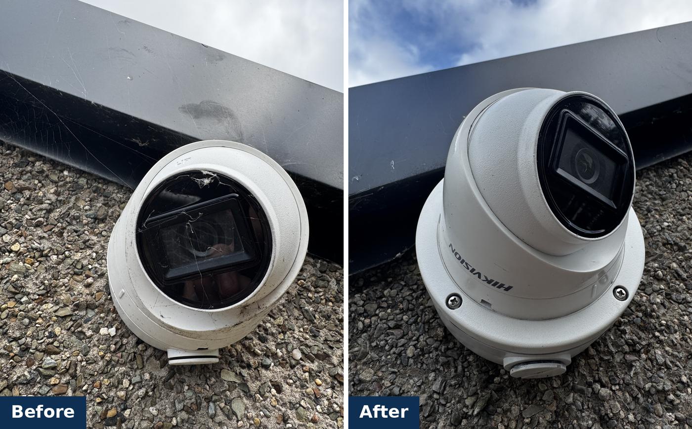 Cracked camera before a takeover and the replacement after