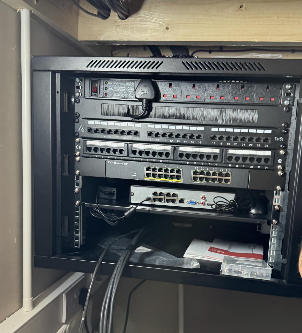 Comms rack with patch panels and network switches installed by Techtrix
